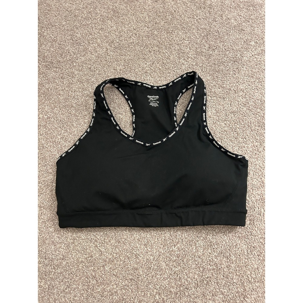 Reebok Sports Bra Womens XL Black Excellent Racerback Logo Trim Keyhole Cutout